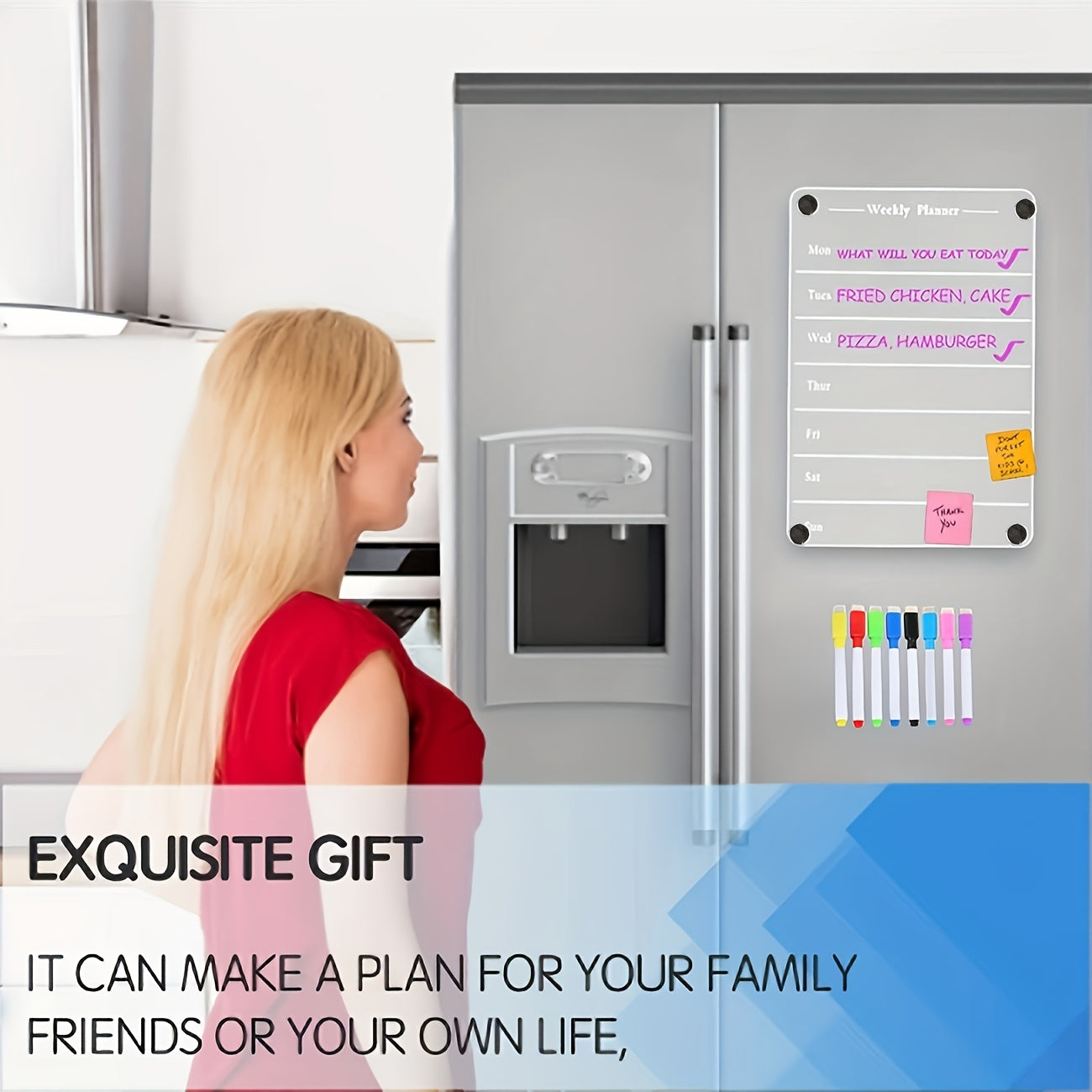 Weekly Meal Planner Magnetic Acrylic Board for Fridge - Includes 8 Colors