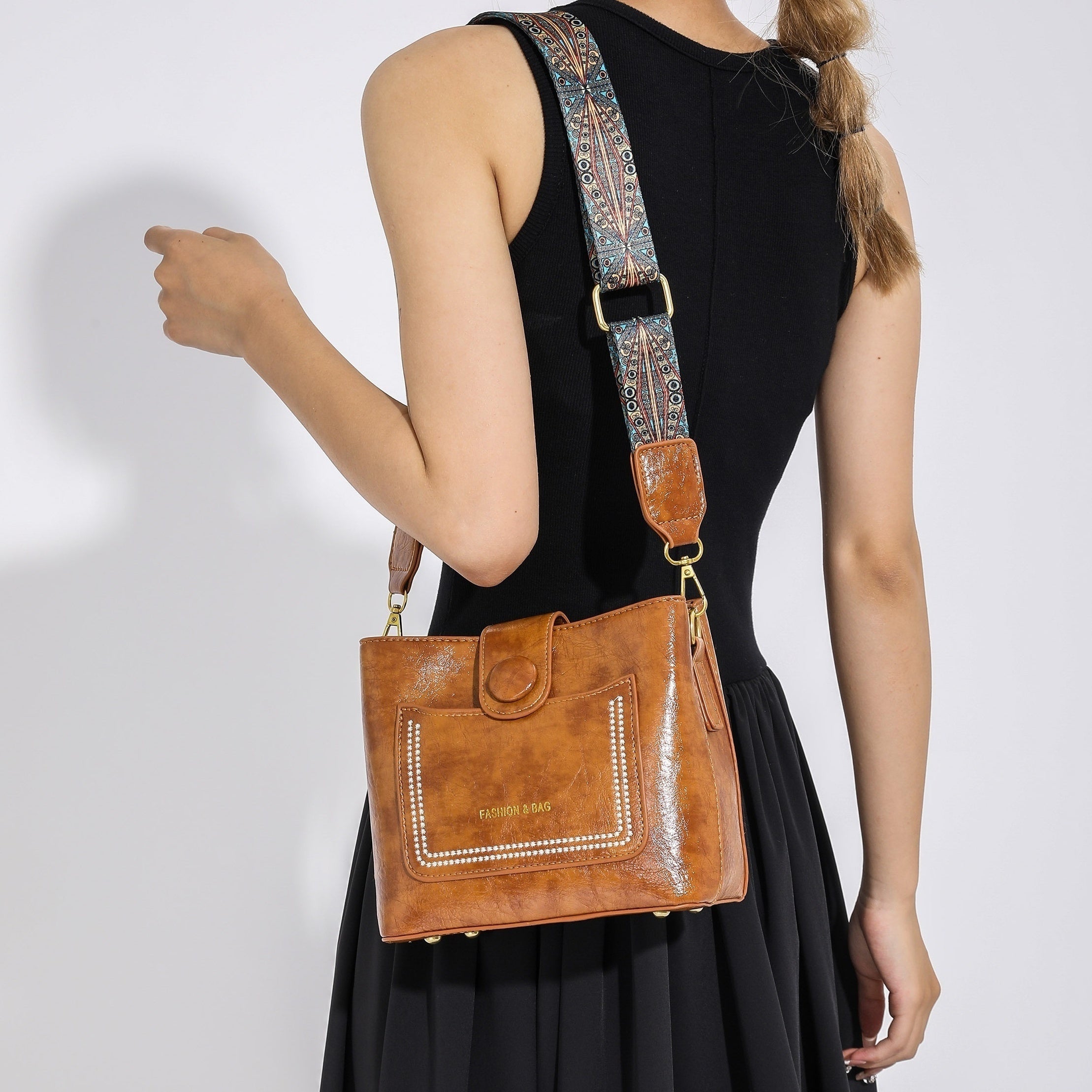 Retro Style Wax Leather Crossbody Bag Wide Strap Shoulder Purse