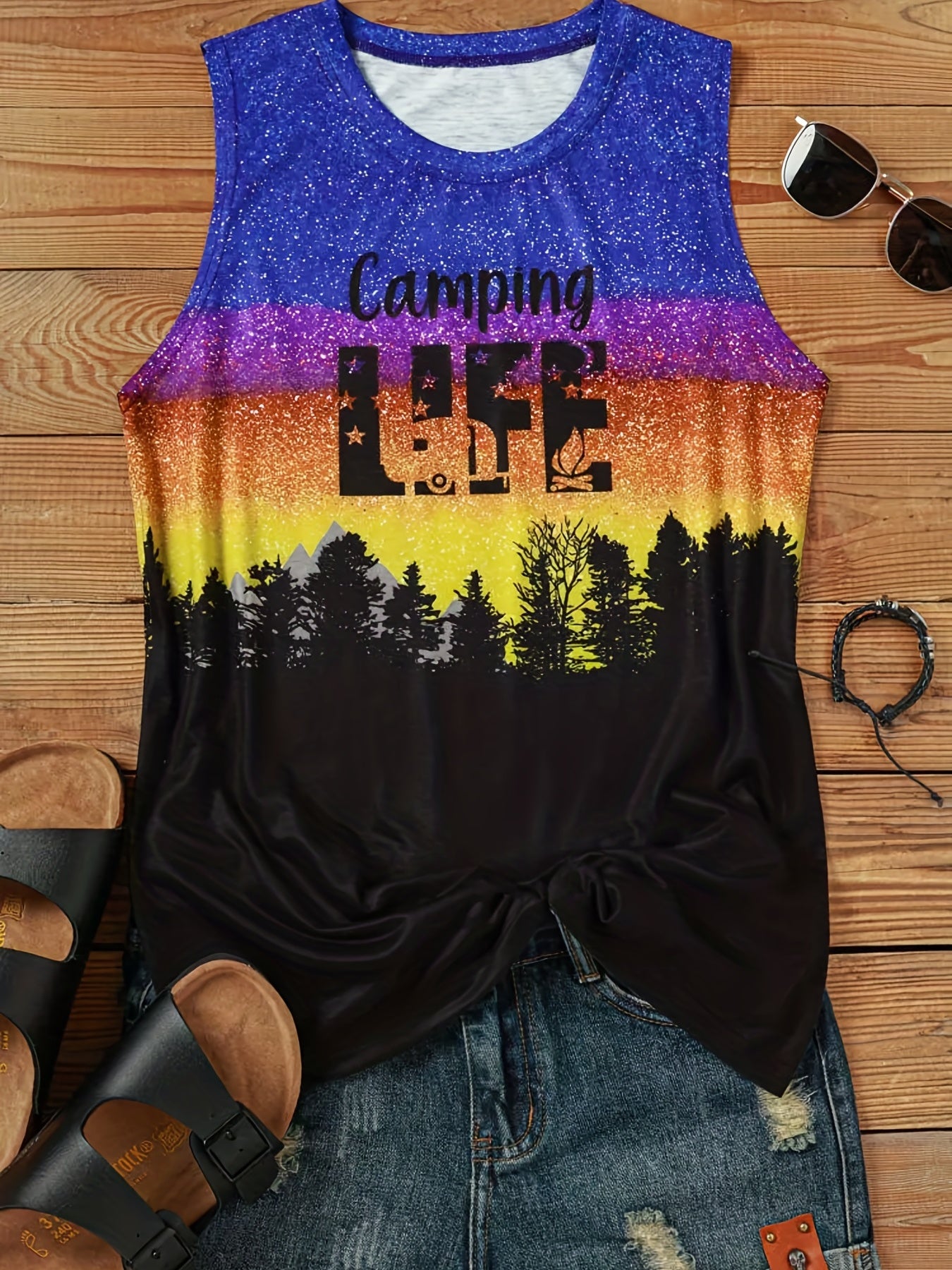 Graphic Print Crew Neck Tank Top Summer Sleeveless Women's Top