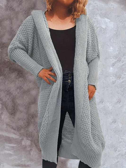  Solid Bat Sleeve Long Knit Hoodie Cardigan