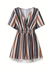  Women's Stripe Print Shirred Waist Tassel Trim Romper