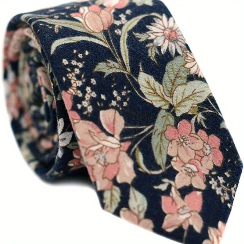 Men's Skinny Floral Print Cotton Necktie - Wedding