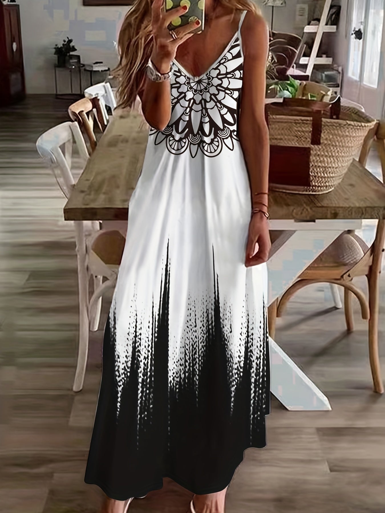  Ombre Print V Neck Maxi Dress