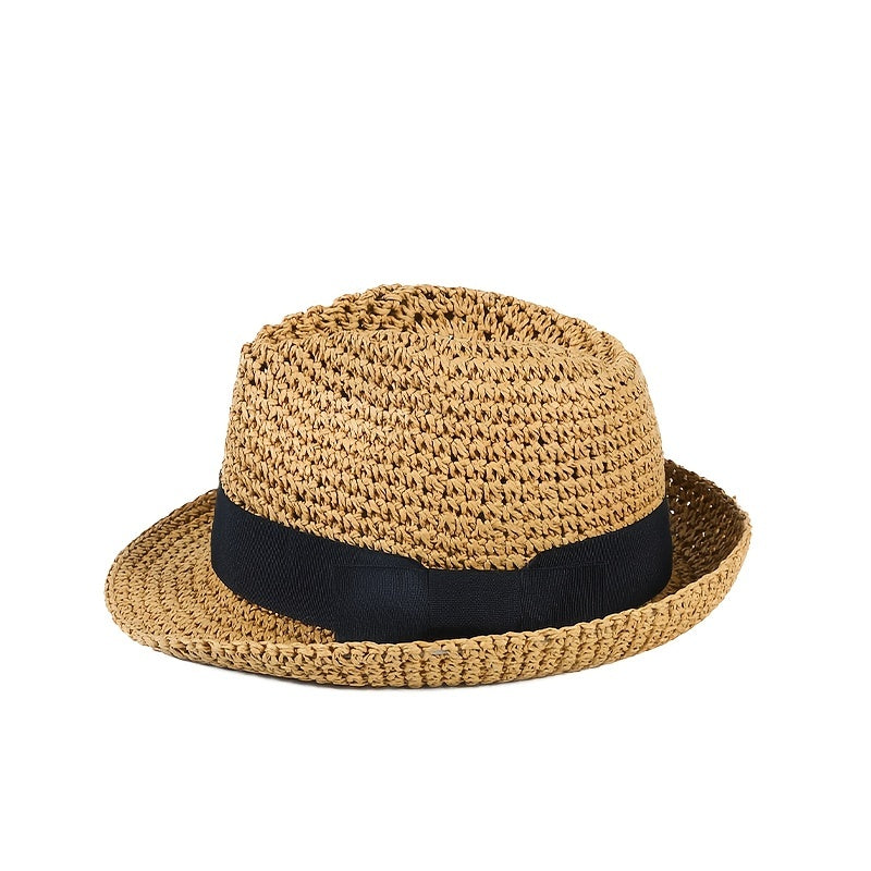 Curved Brim Brown Sun Hat Hollow Crochet Fedora Cap Women's