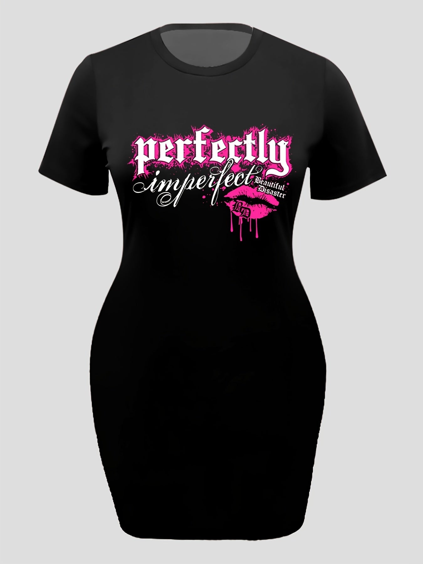  Lip & Letter Print Tee Dress Short Sleeve Round Neck High Stretch