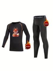 2pcs Kids Compression Fleece Sets Cartoon Pattern Crew Neck Pullover