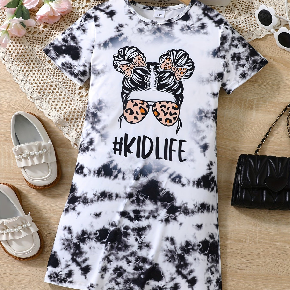 Girls Tie Dye Short Sleeve T Shirt Dress Loose Fit Comfortable Random Print