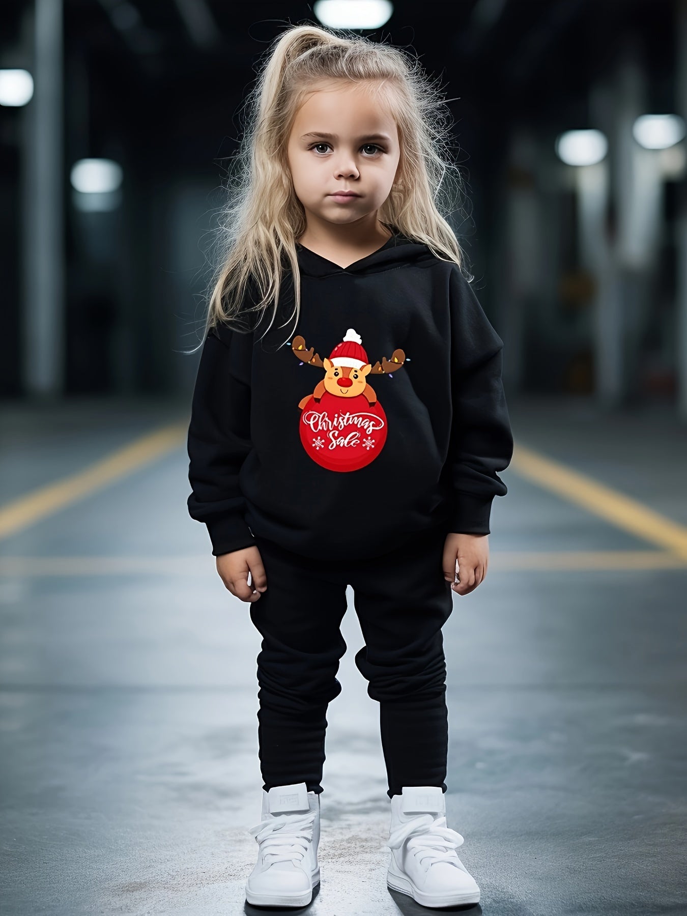 Winter Reindeer Print 2pcs Girls Hoodies Jogger Pants Set For Sports