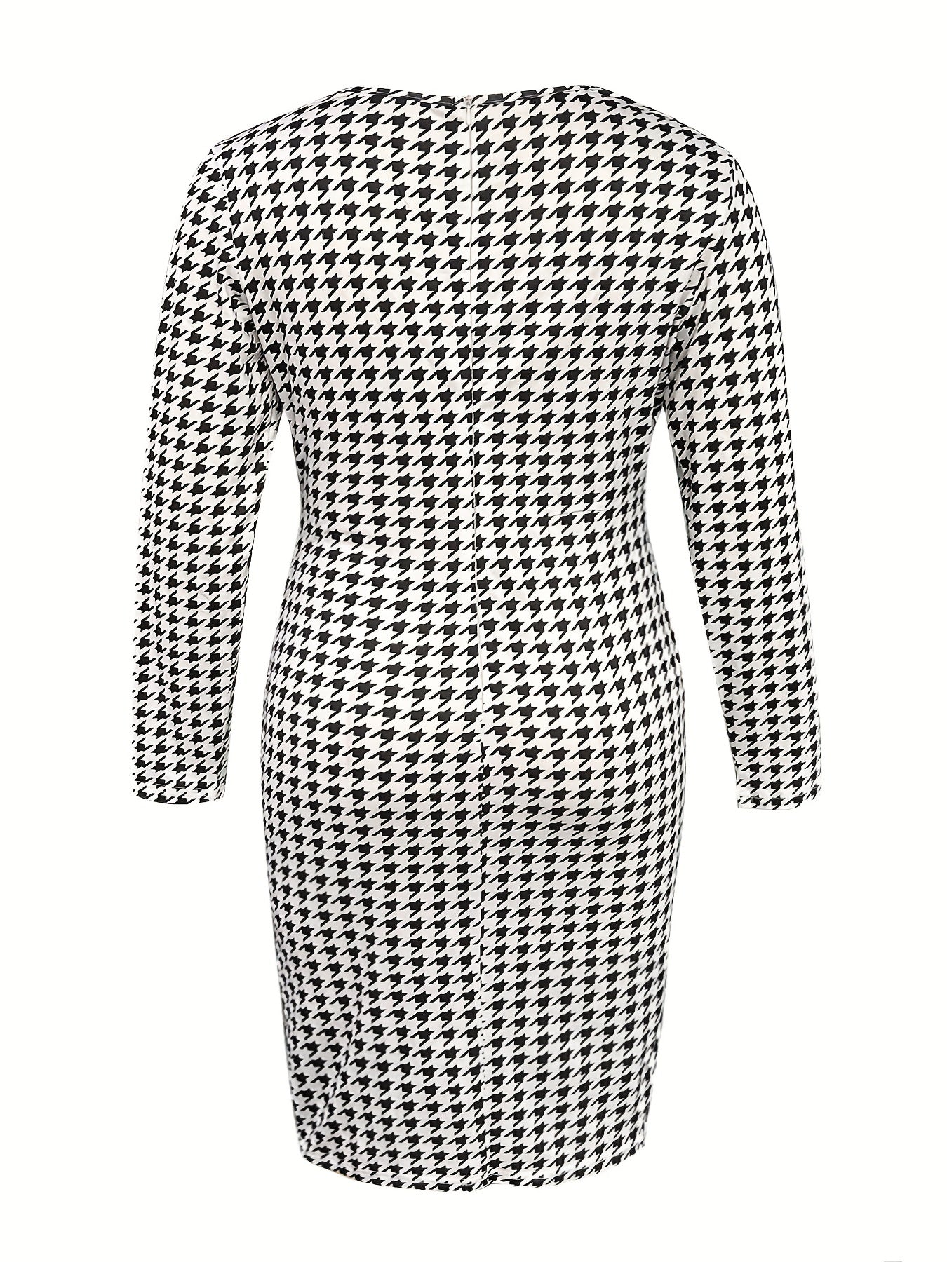 Women's Plus Houndstooth Print Long Sleeve Surplice Neck Dress