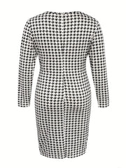 Women's Plus Houndstooth Print Long Sleeve Surplice Neck Dress