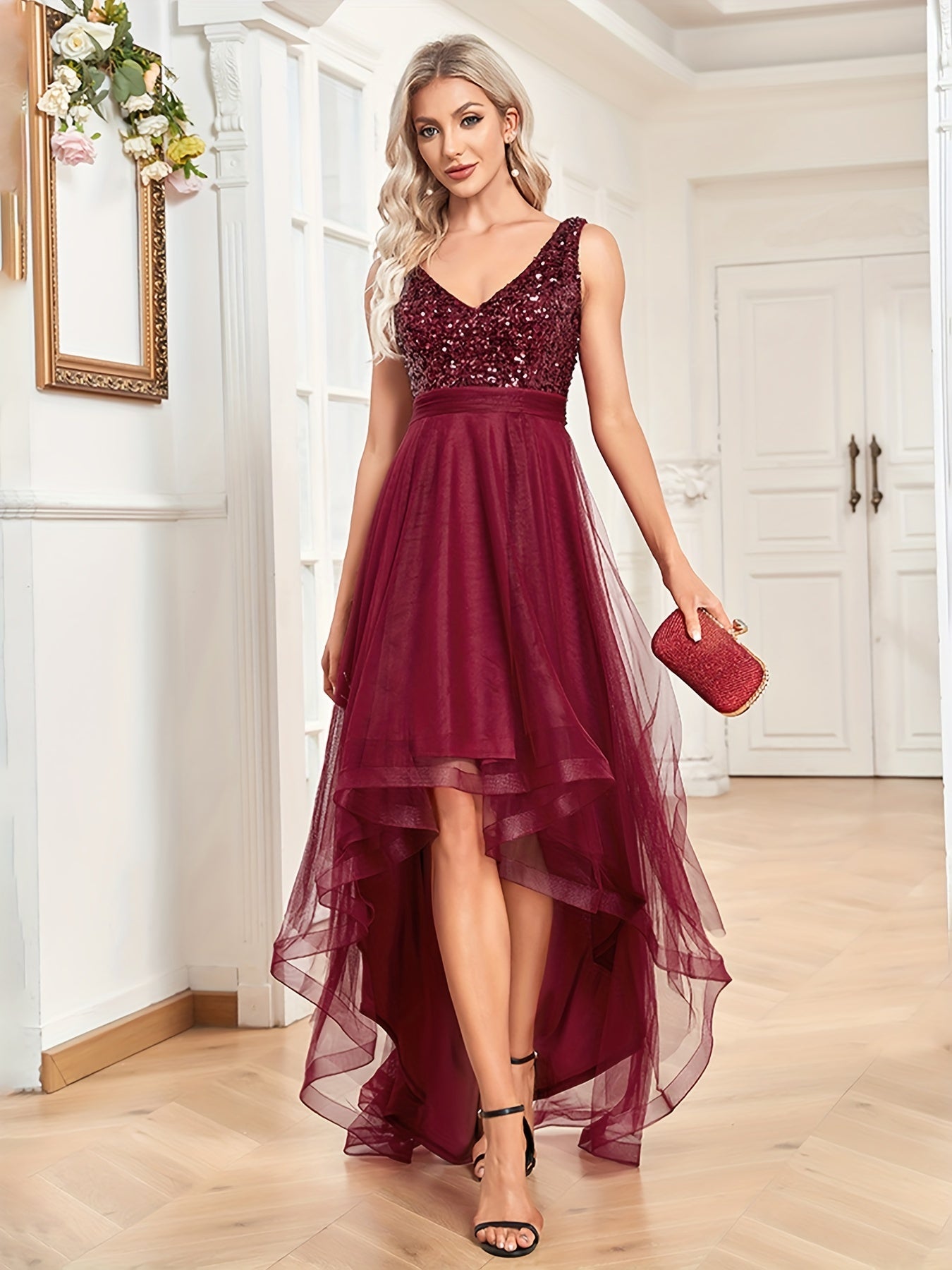 V Neck Sequined Dress Sleeveless Contrast Mesh Dress for Party