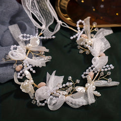 Faux Pearl Bridal Headband with Mesh Streamer Wedding Hair Accessory
