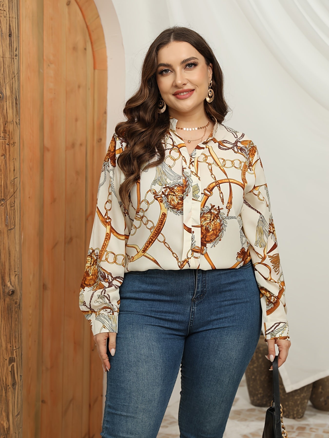  Baroque Print Stand Collar Blouse Long Sleeve Shirt
