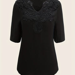  Casual Blouse Women's Plus Solid Contrast Lace Half Sleeve Top