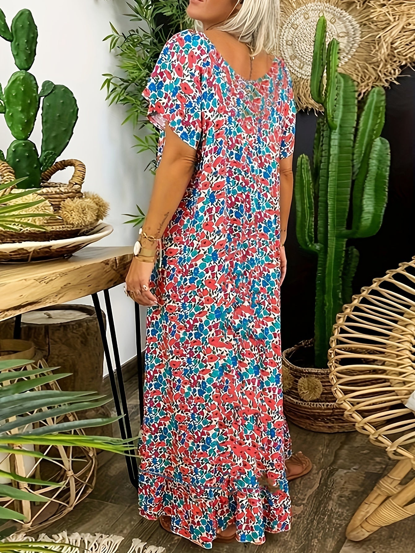  Boho Dress Floral Print V Neck Maxi Dress