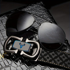 Father's Gift Men's Belt Sunglasses Set Cowhide Belt Automatic Buckle