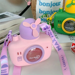 Camera Water Bottle 18oz w/ Silicone Straw & Windmill & Shoulder Strap