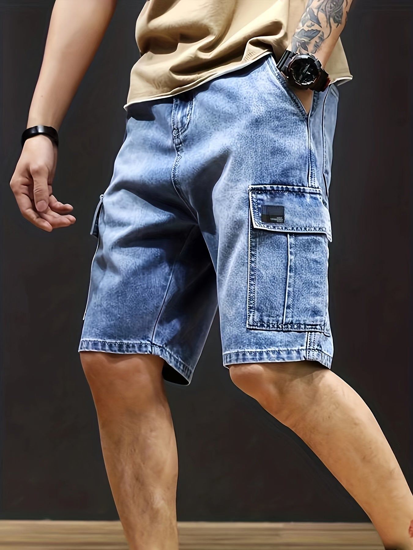 Men's Cargo Denim Shorts Stretch Waist Drawstring Outdoor