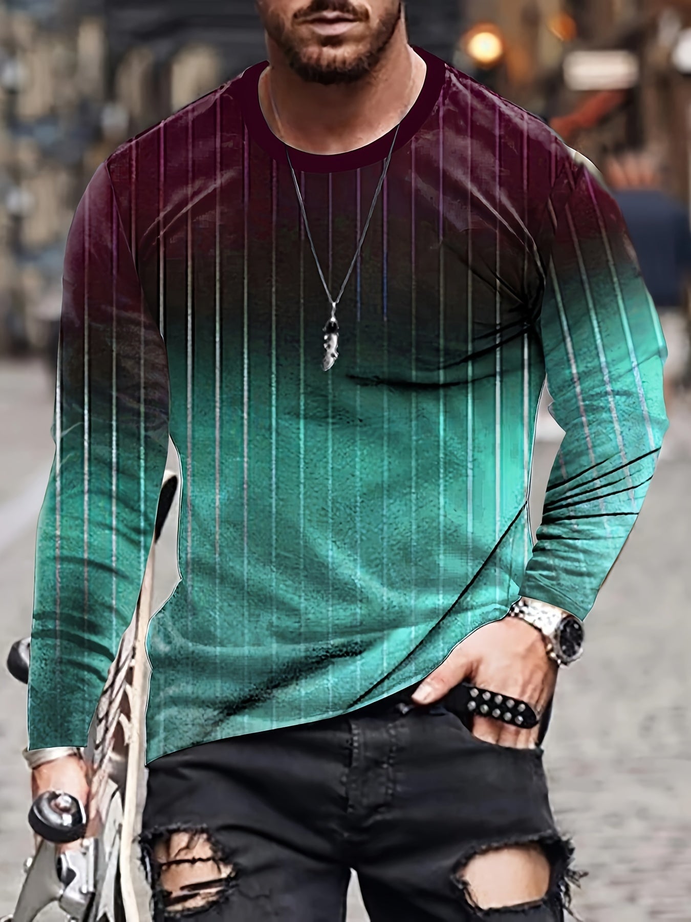 Gradient Men's Stripe Long Sleeve Novelty T shirt for Autumn