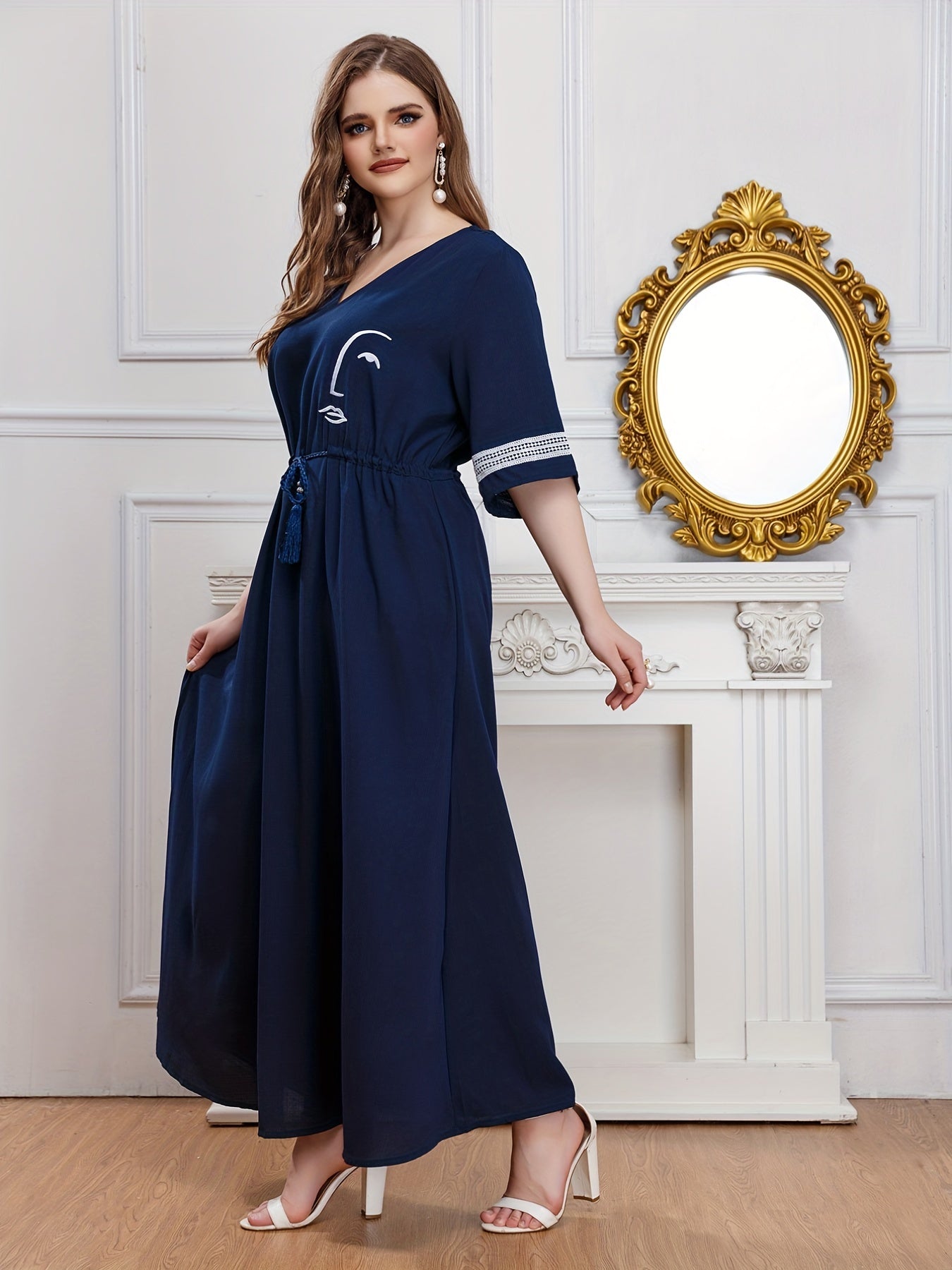  Abstract Face Print V Neck Maxi Dress
