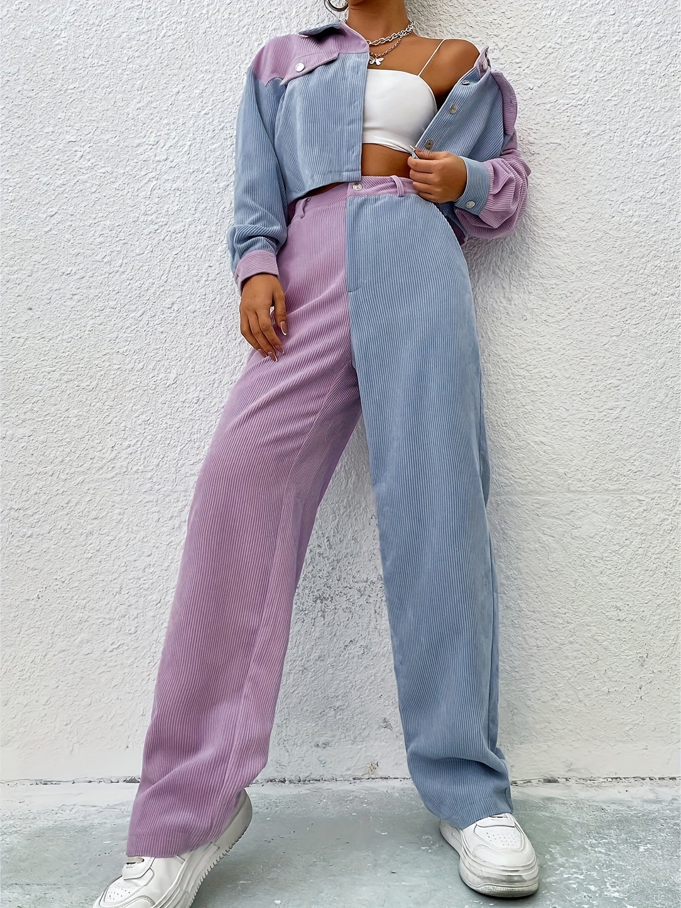  Colorblock Corduroy Shacket & Wide Leg Pants Set