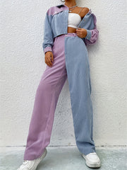  Colorblock Corduroy Shacket & Wide Leg Pants Set