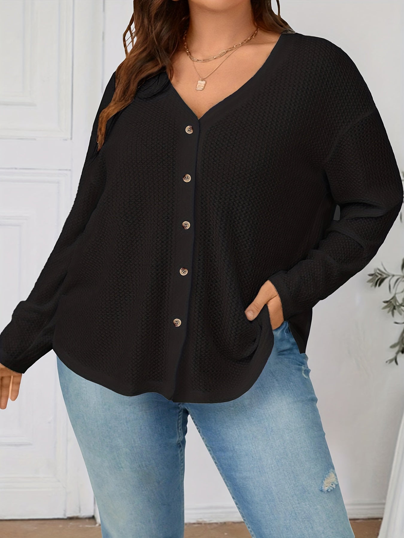  Solid Waffle Pattern Long Sleeve Cardigan