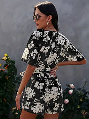 Floral Print V neck Romper Jumpsuit Short Sleeve Women's Clothing