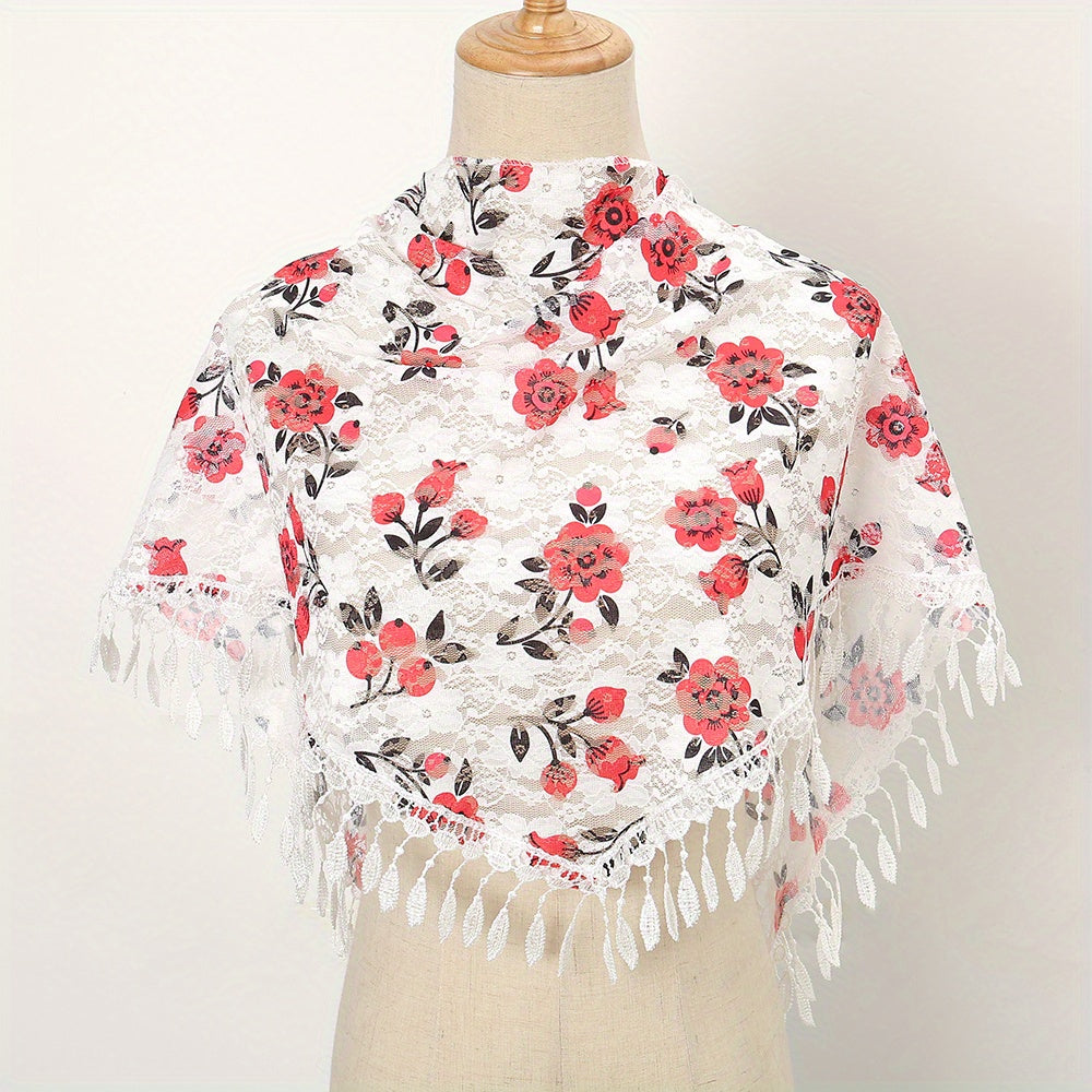 Boho Lace Triangle Shawl Flower Print Hollow Wrap