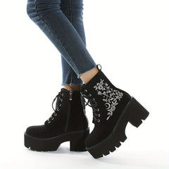 Women's Side Zipper Boots with Flower Embroidery Details