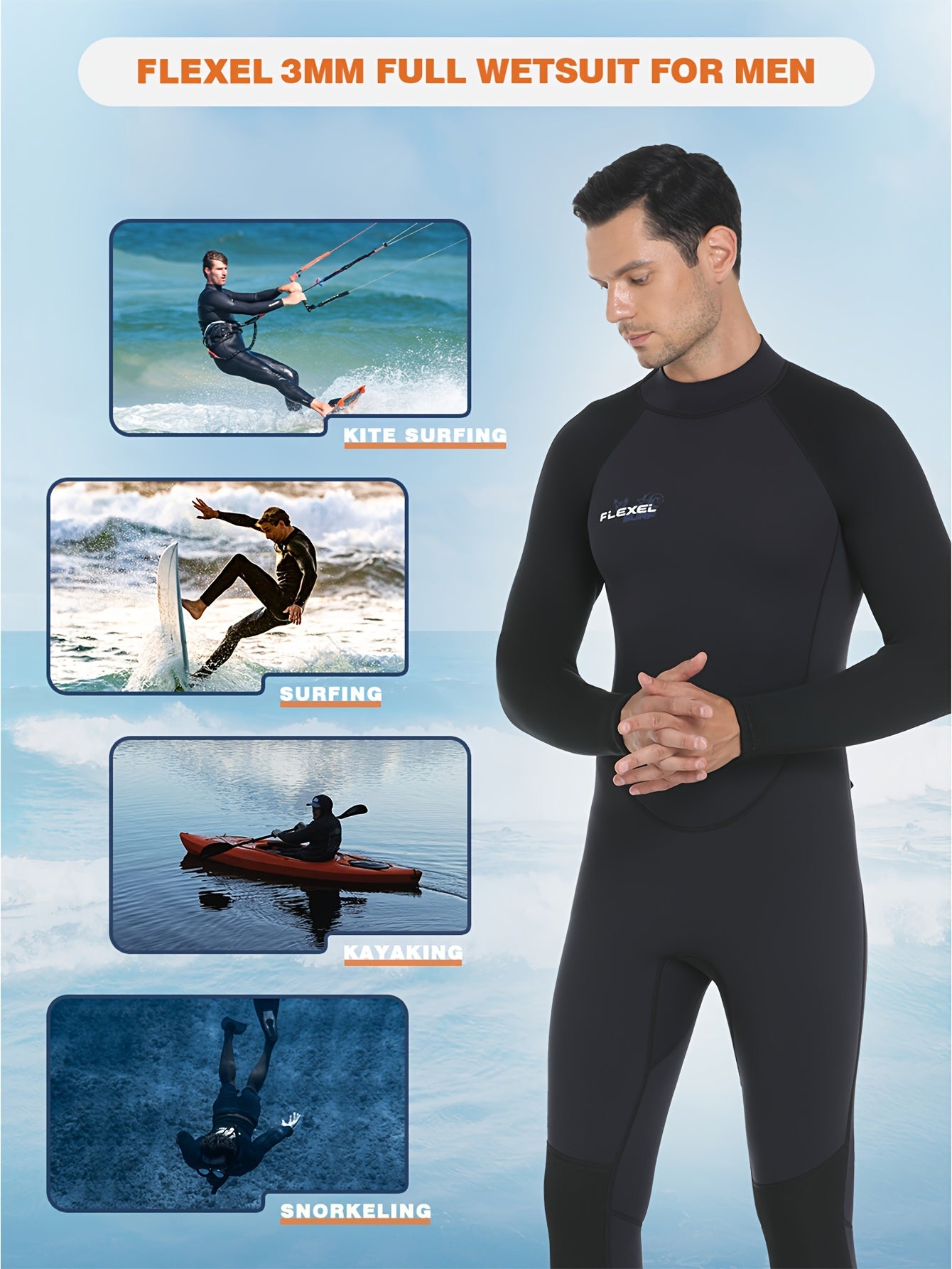 FLEXEL Men's 3mm Skinny Fit Long Sleeve Wetsuit Sun Protection