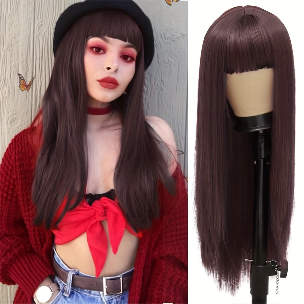 Long Straight Wig With Bangs Pink Strips Full Wig For Cosplay Party