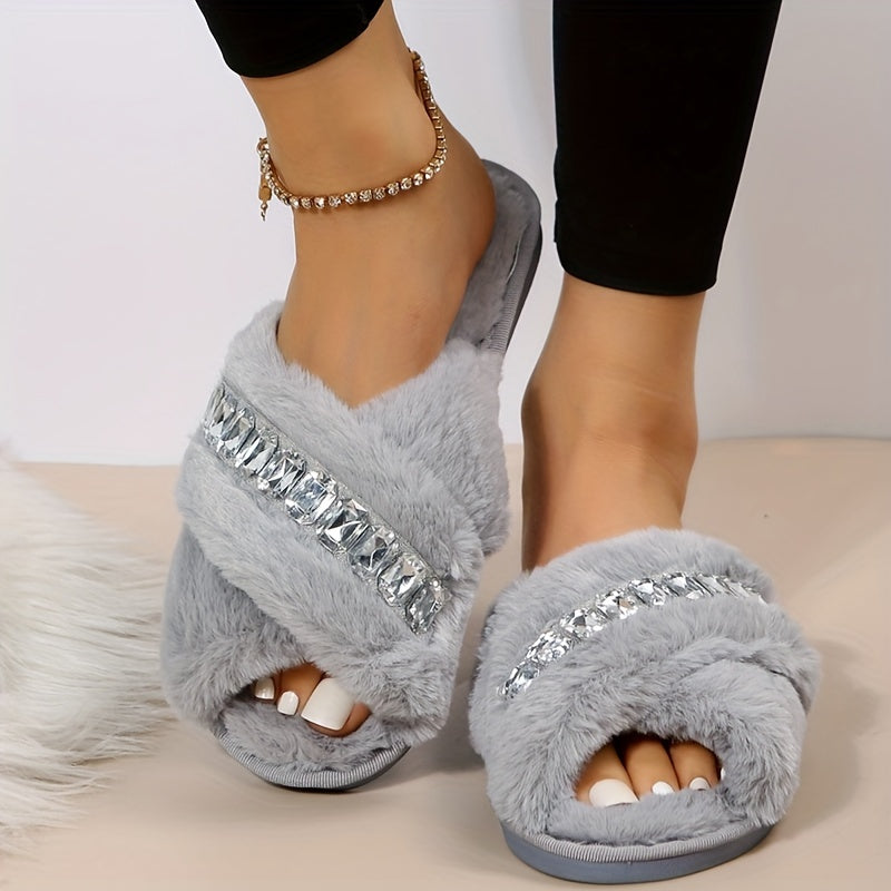 Rhinestone Slip-On Slippers Cross Straps Open Toe Non-Slip Indoor Shoes
