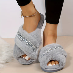 Rhinestone Slip-On Slippers Cross Straps Open Toe Non-Slip Indoor Shoes