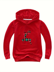 Plaid Reindeer Print Cotton Hoodie for Girls Spring Fall