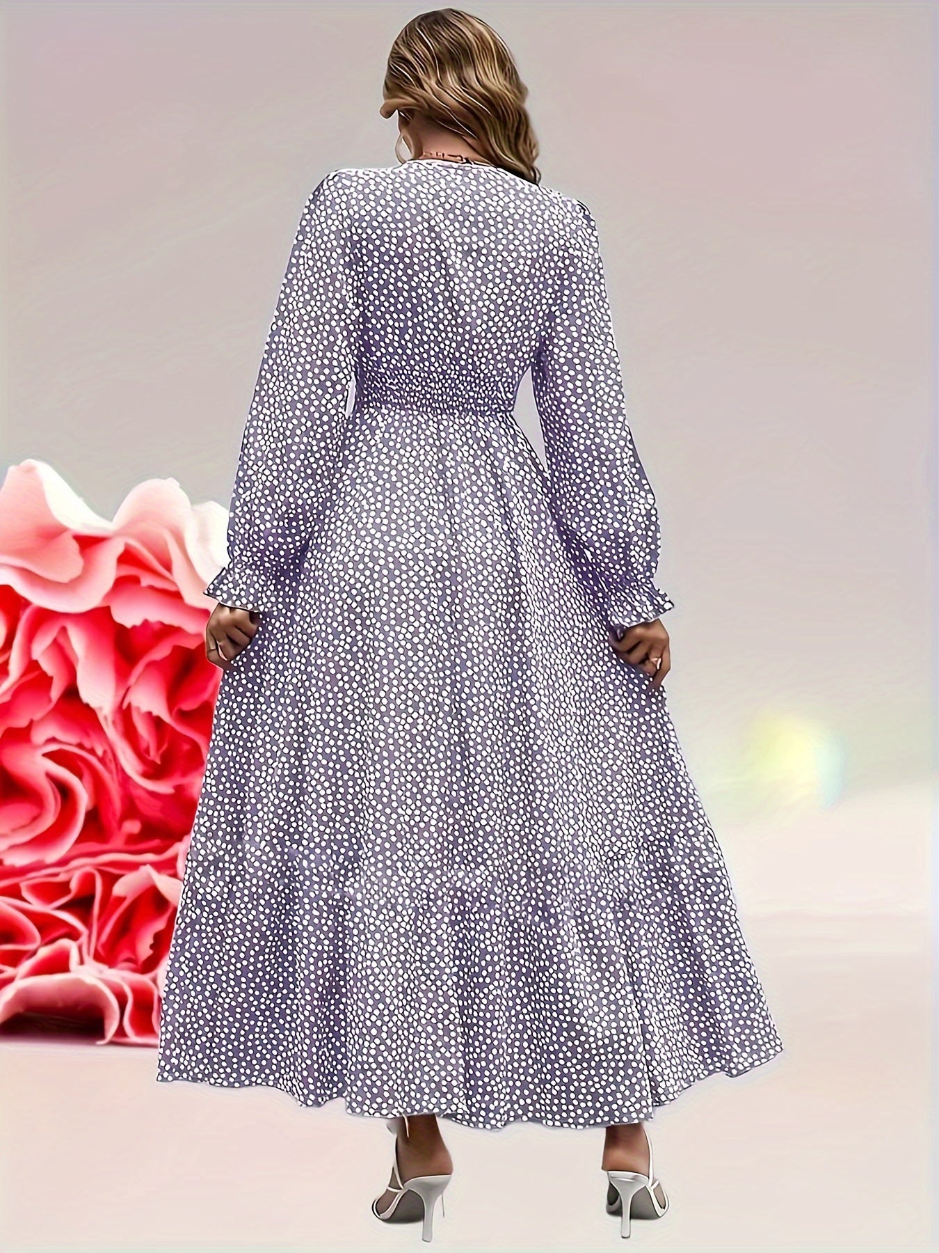  Polka Dot Long Sleeve Pleated Dress