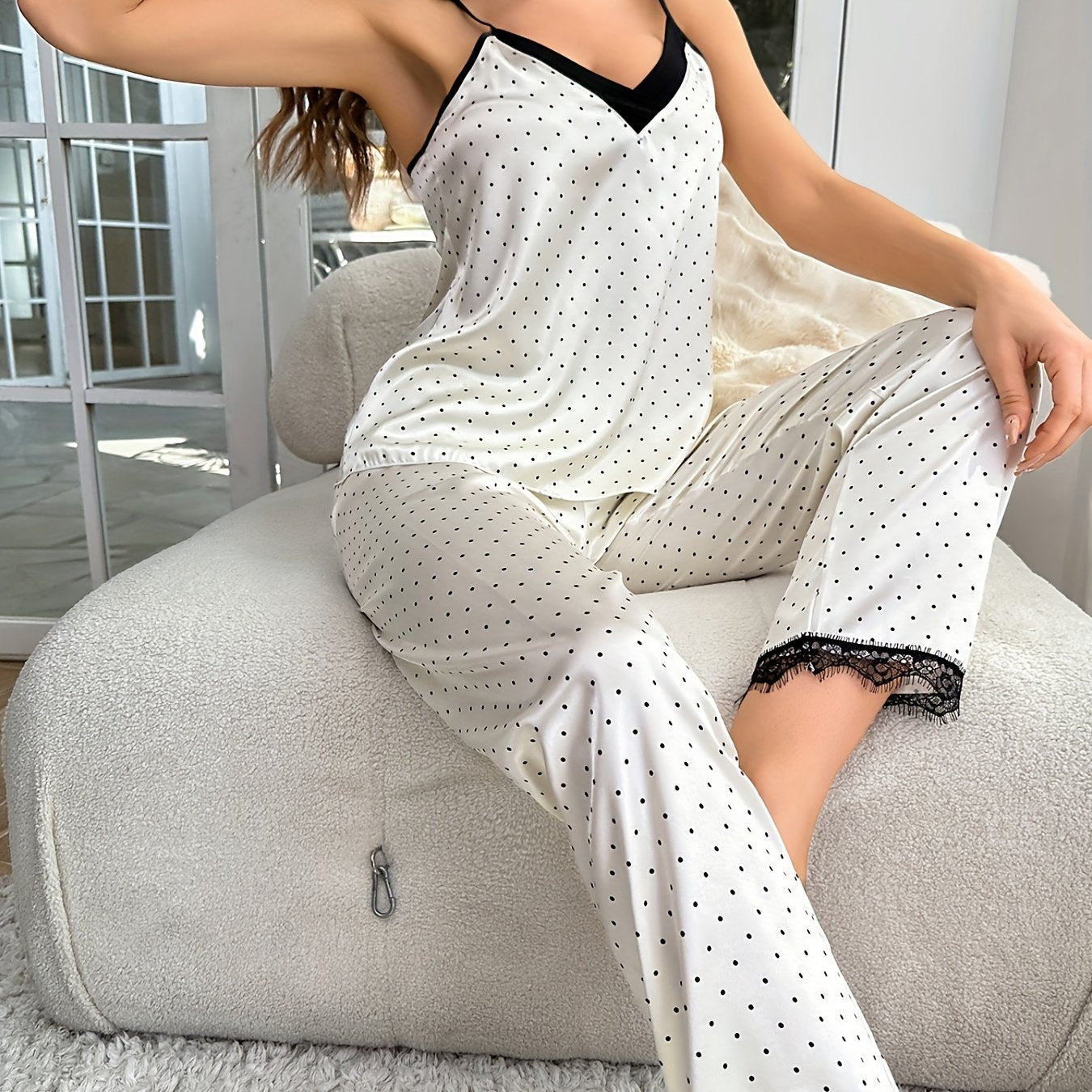 Polka Dot Satin Pajama Set Lace Trim V Neck Cami Top & Lounge Pants