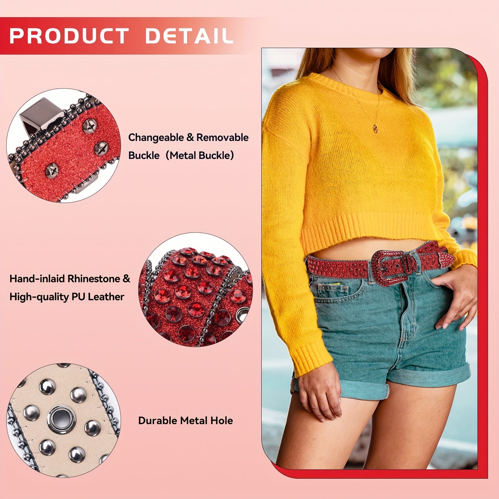 Red Rhinestone Belt Western Cowgirl Waistband Y2K Hip Hop Sparkly Belt