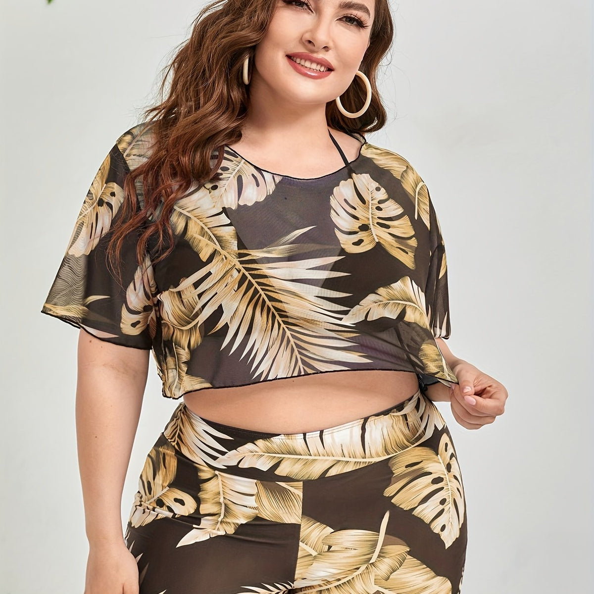  Vacay Tankini Set Women's Plus Tropical Print Cover Up Top & Shorts