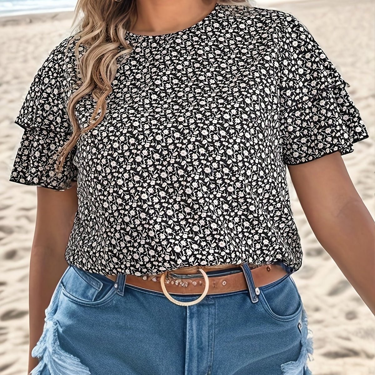  Ditsy Print Layered Short Sleeve Top