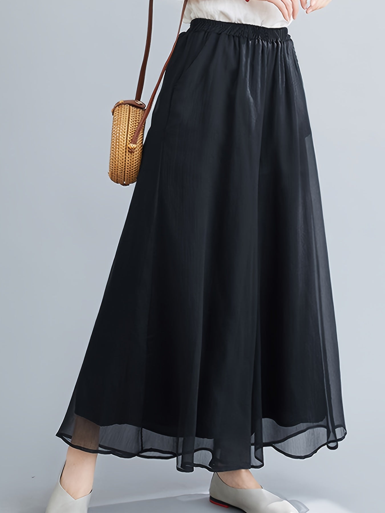  Mesh Overlay Wide Leg Trousers