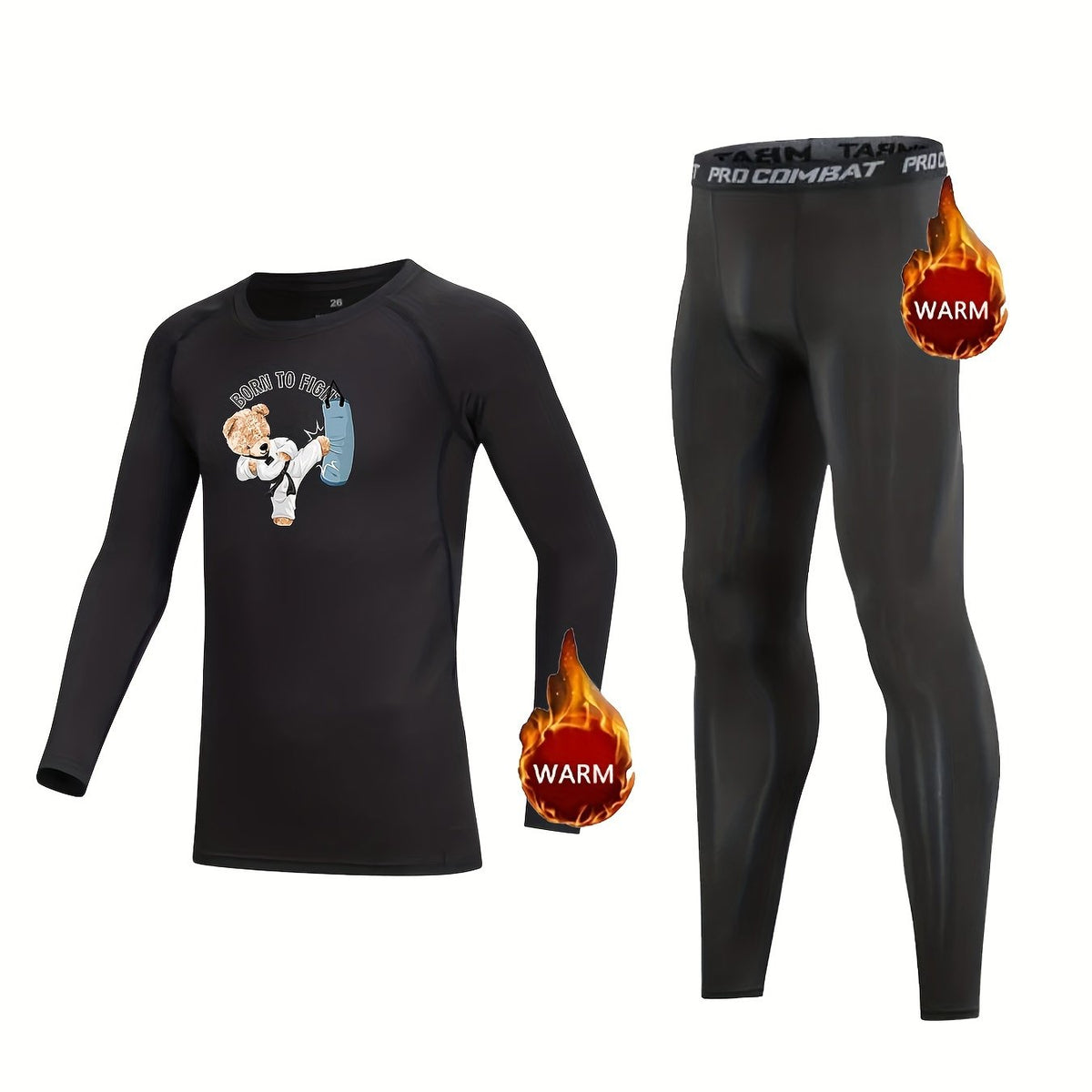 Kids Compression Fleece Sets Taekwondo Bear Crew Neck Pullover