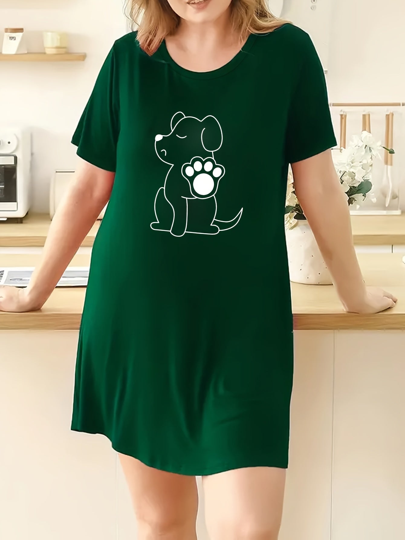  Dog Print Sleep Dress, Short Sleeve Nightdress