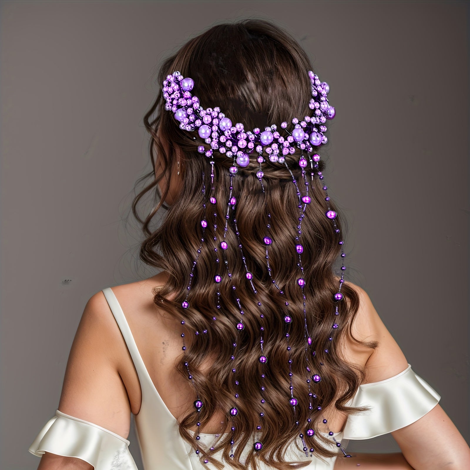 Vintage Bridal Hair Accessory Purple Beaded Tassel Veil with Floral Headpiece