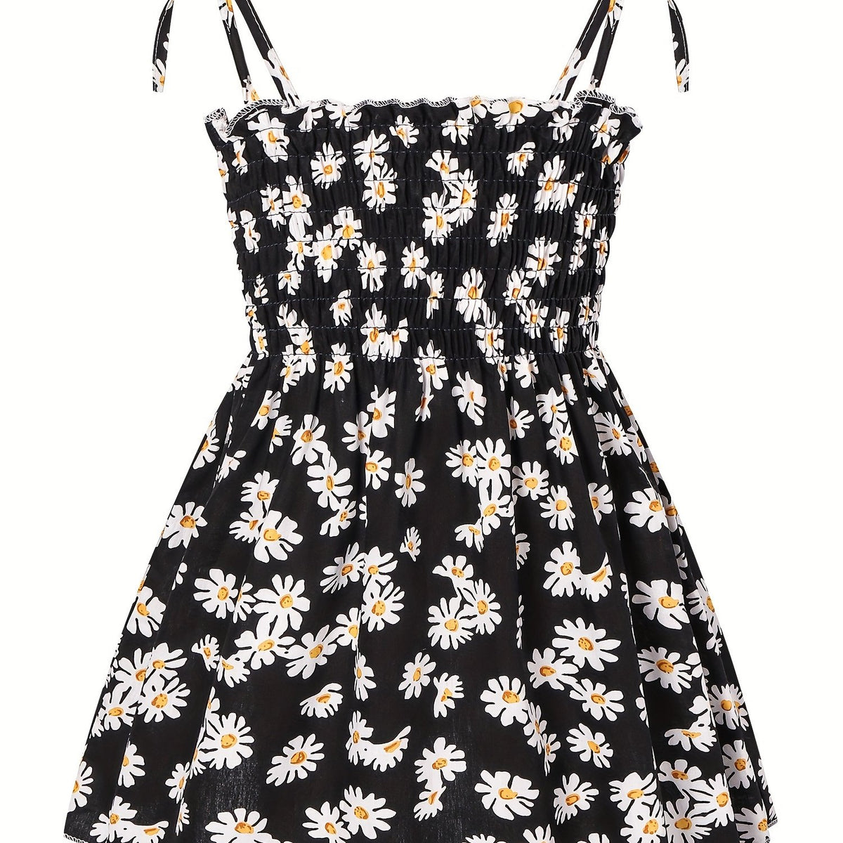Toddler Girls Daisy Graphic Frill Trim Shirred Bow Shoulder Princess Cami Dress
