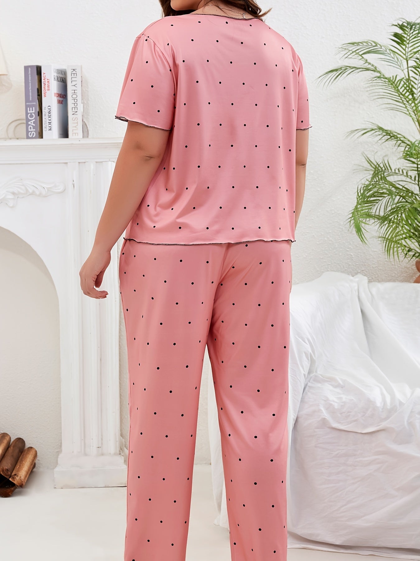  Polka Dot Pajama Set Short Sleeve Tee & Pants Lounge Two Piece