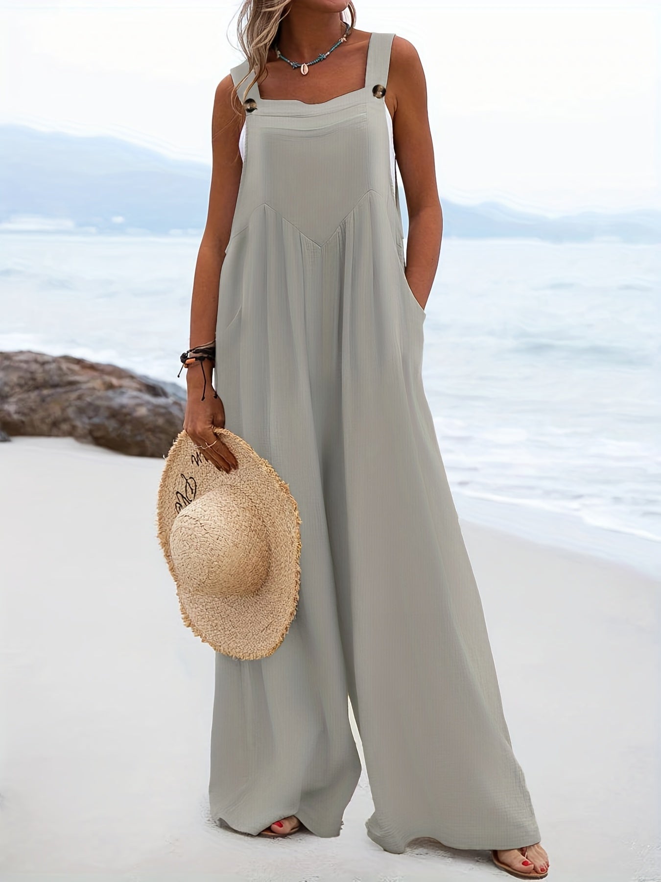 Solid Wide Leg Overall Jumpsuit Casual Button Overall Jumpsuit