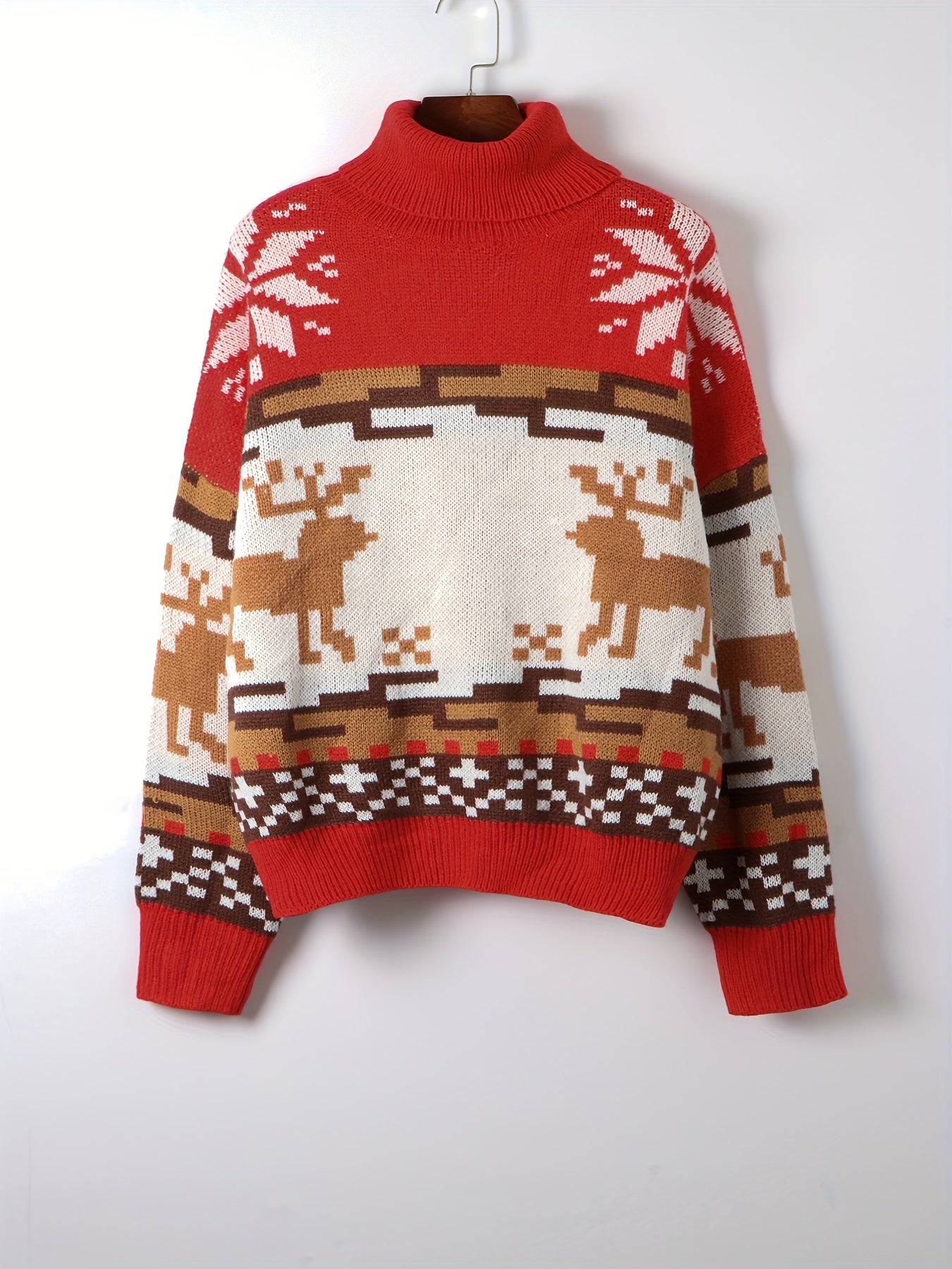  Christmas Sweater Colorblock Graphic Print High Neck Jumper