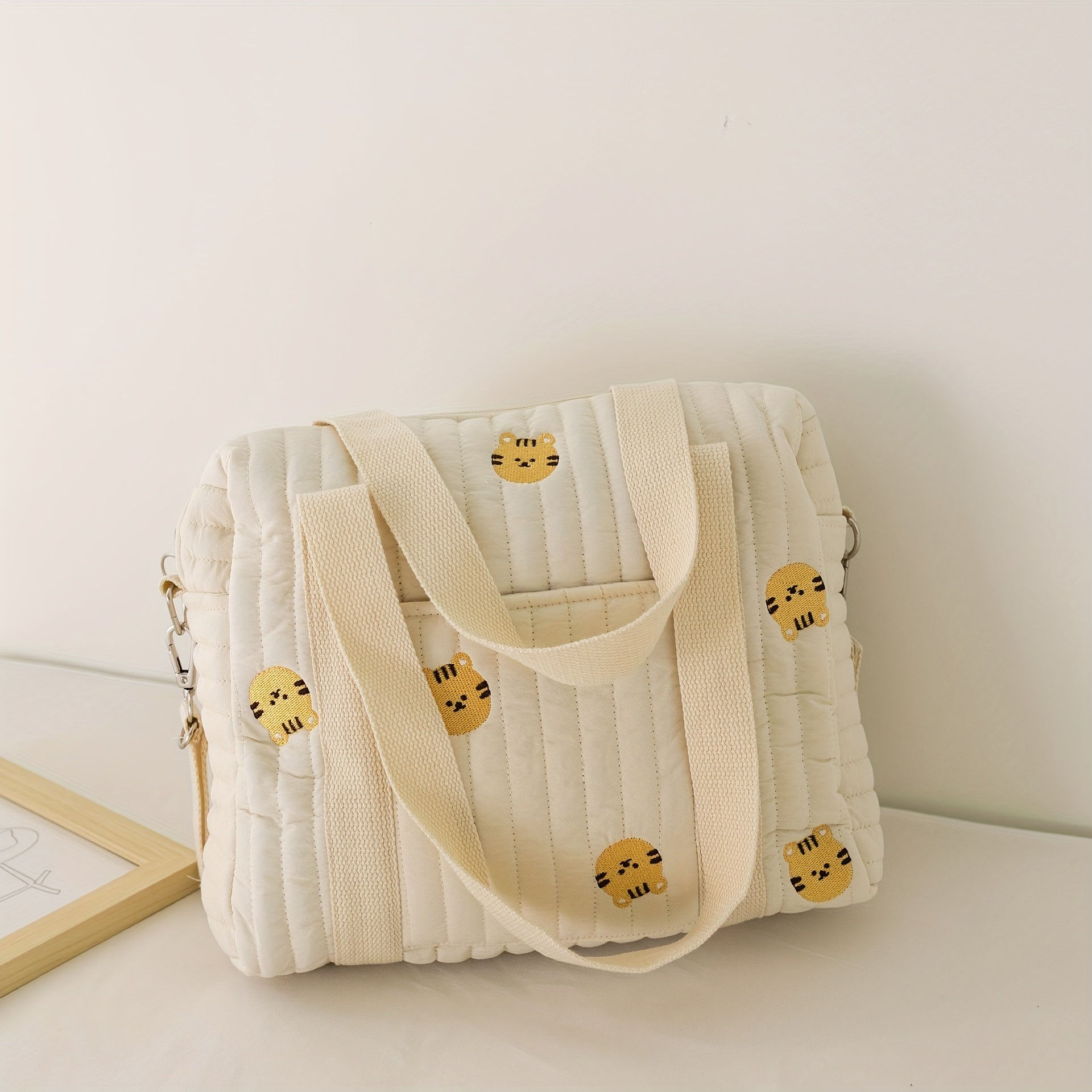 Beige Diaper Bag Cotton Fabric Zipper Large Travel Stroller Organizer