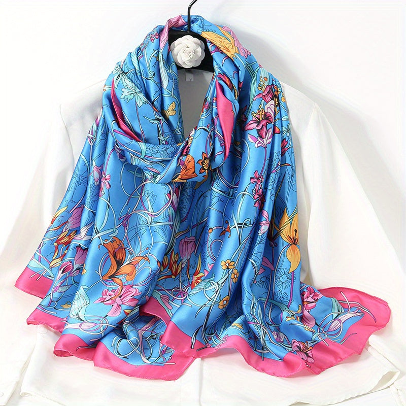 Boho Flower Print Scarf Satin Shawl Casual Windproof Head Wrap